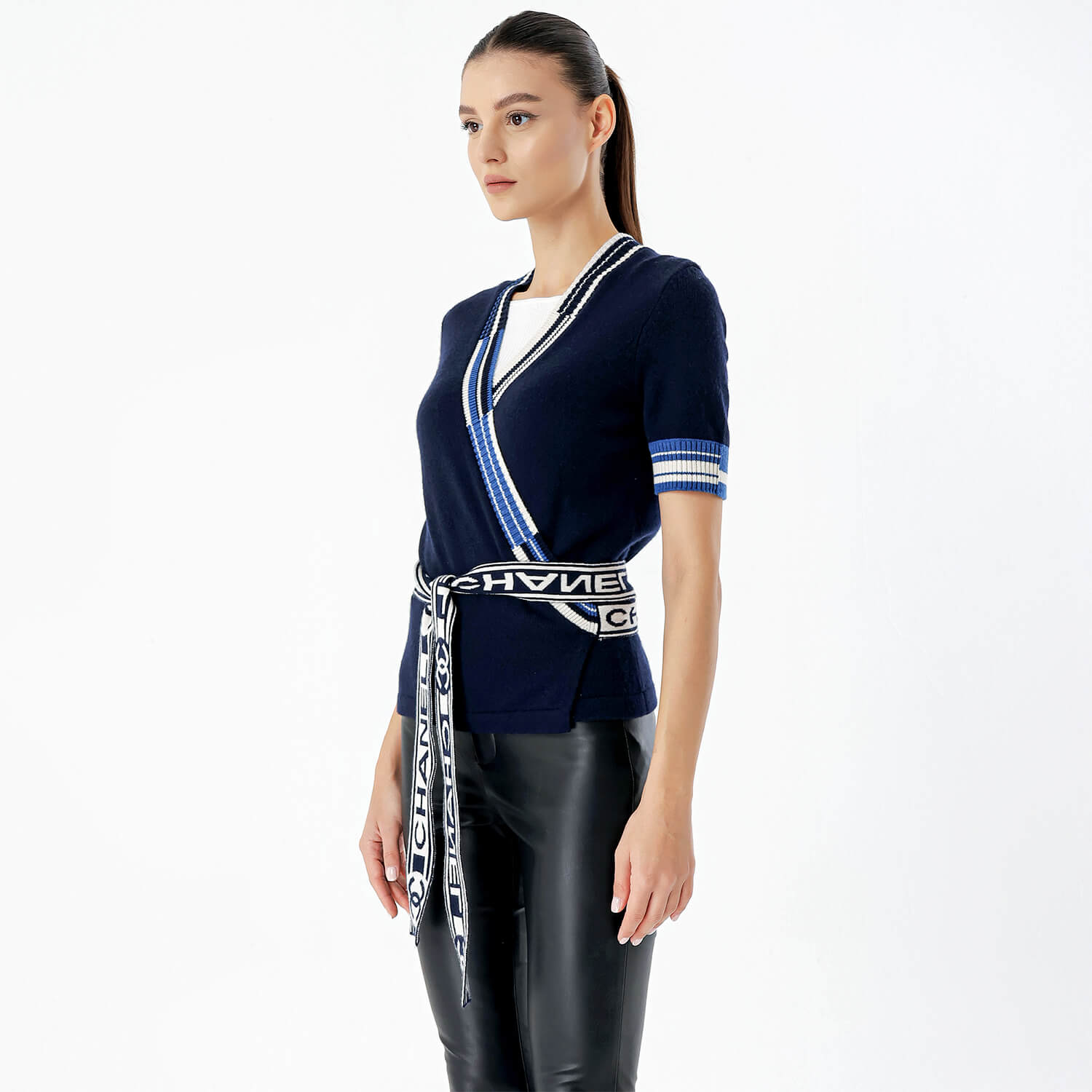 Chanel - Navy Blue Logo With Strap Cashmere Cardigan